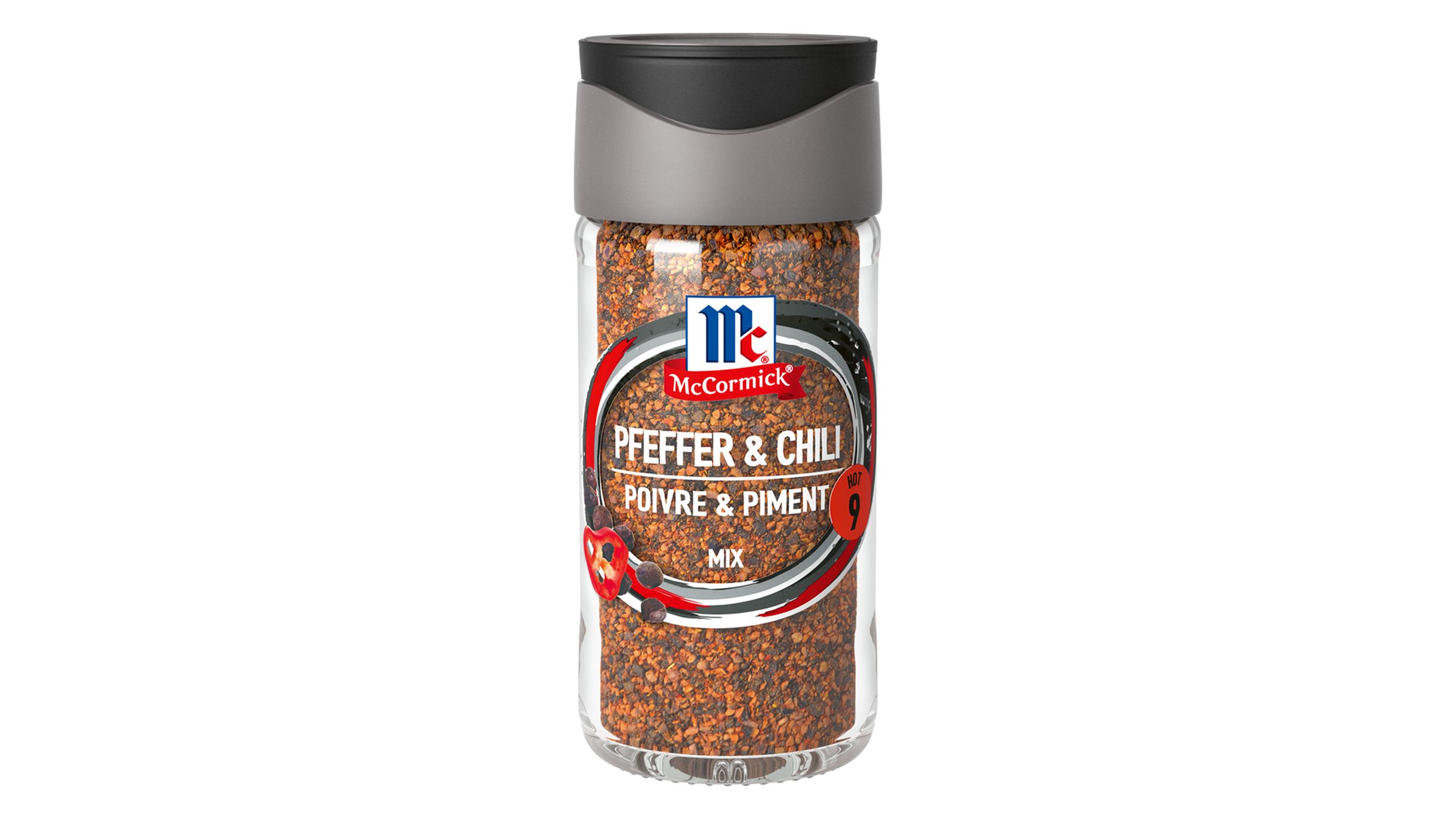 McCormick Pepper & Chilli Mix 45 g With the intensity scale (1: mild - 10: hot) you can always choose the right pepper for your dish. Pepper & Chili Mix delivers an intense aroma of strength 9, revitalizing traditional as well as exotic felish dishes, fish and sauces.