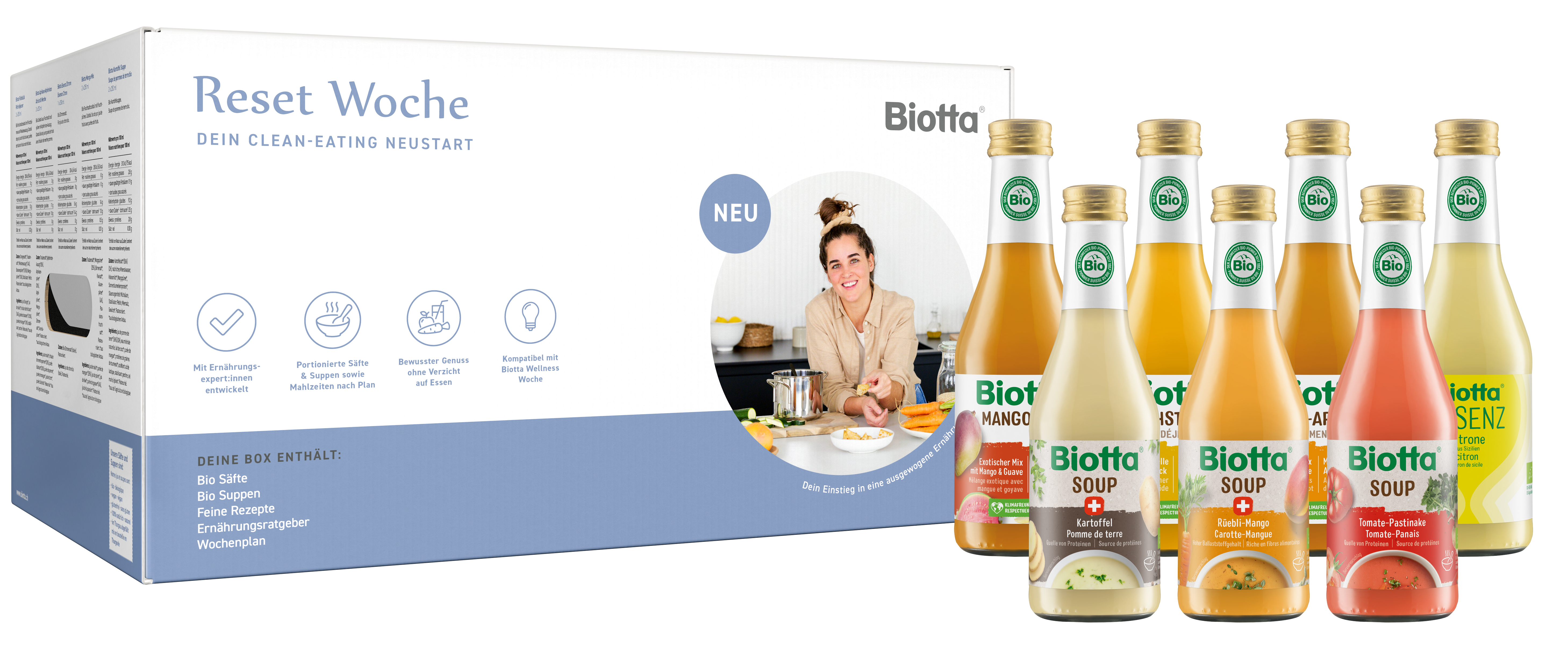 Biotta Reset Woche Hast du schon lange eine Ernährungs-umstellung geplant oder gerade eine Fastenwoche erfolgreich hinter dich gebracht? Dann ist jetzt der richtige Zeitpunkt für einen Reset deiner Ernährungsgewohnheiten. Dank schmackhaften Rezepten, leckeren Säften und Suppen sowie vielen hilfreiche Tipps
und Tricks fällt der Neustart mit der Biotta Reset Woche besonders leicht.