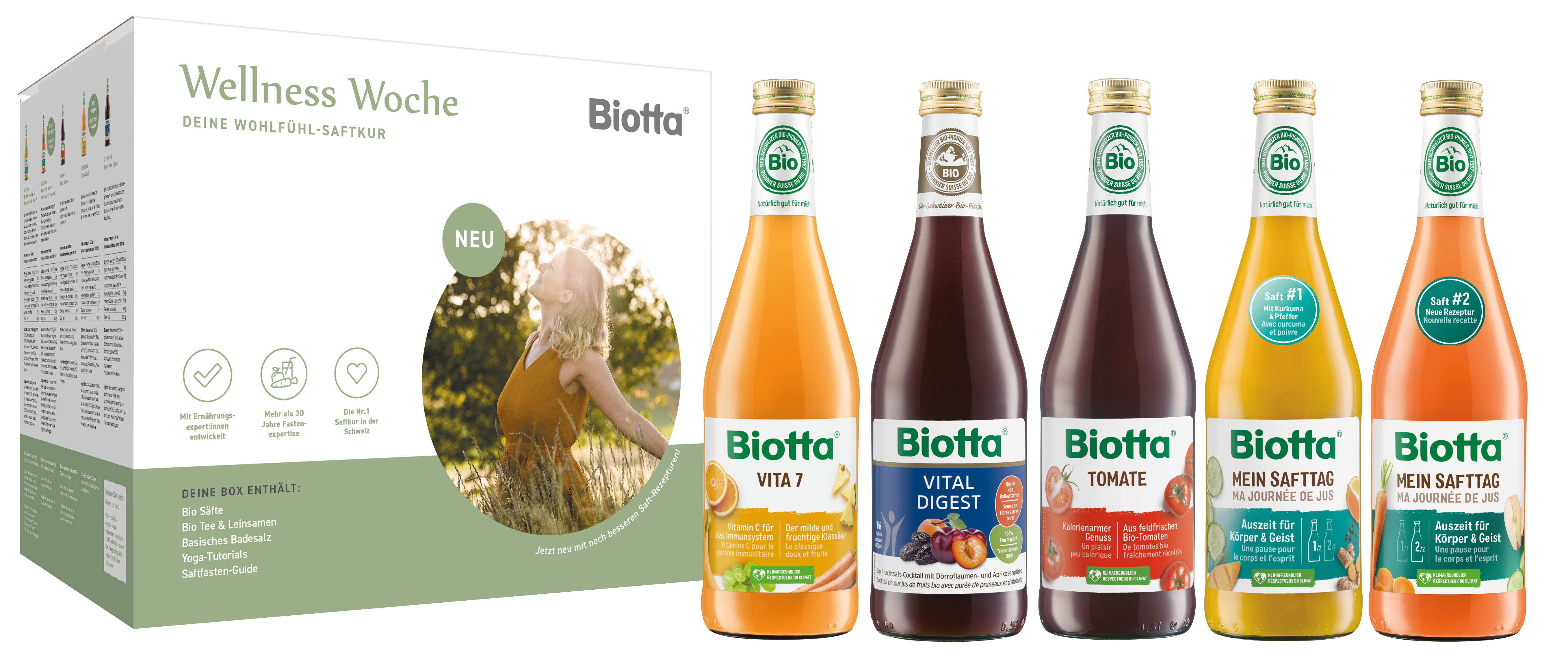 Biotta Wellness Woche Découvre une nouvelle sensation de légèreté.
Onze jus de fruits et légumes naturels fournissent au corps tous les nutriments importants au cours d'une semaine de jus. Avec du thé biologique, des graines de lin biologiques, du sel de bain alcalin et des instructions.

Dé­ve­lop­pée en col­la­bo­ra­tion avec des spé­cia­listes de la nu­tri­tion, la Se­maine de Well­ness dans sa boîte pra­tique est LA se­maine de jus des Suisses de­puis plus de 20 ans. La com­bi­nai­son op­ti­male de jus de fruits 