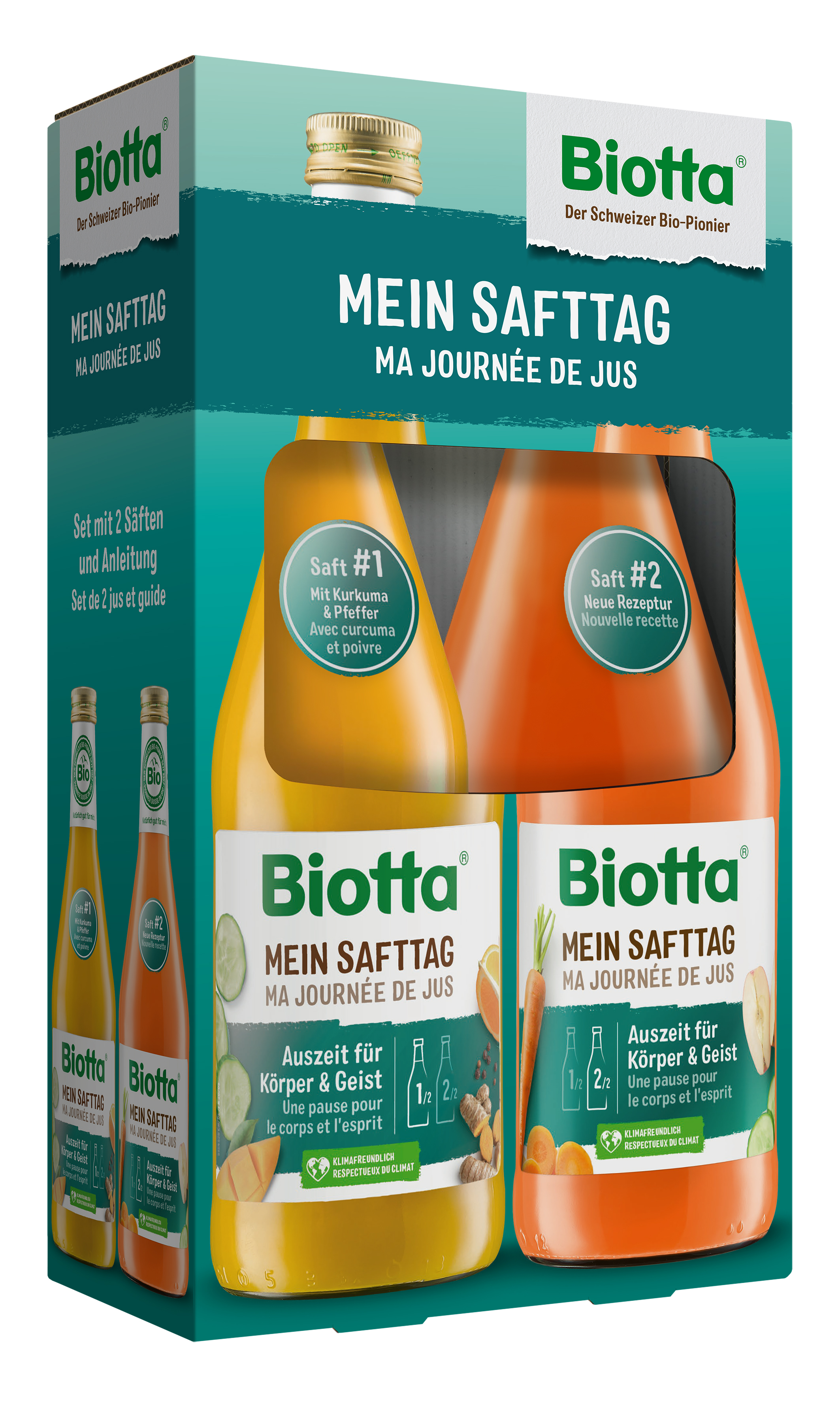 Biotta Mein Safttag Set Bio 2x500ml Améliorez votre bien-être grâce à des journées de jus régulières et profitez d’une pause pour le corps et l’esprit. 
Avec Biotta Ma journée de jus #1 et #2, rien de plus simple.

Pack de jus avec ins­truc­tions, conseils et as­tuces pour une jour­née de jus réus­sie

Le jus #1 pour la pre­mière moi­tié de la jour­née as­sure un dé­but de jour­née fruité et four­nit à l’or­ga­nisme des vi­ta­mines na­tu­relles, des mi­né­raux et de pré­cieux phy­to­nu­tri­ments. 

Le jus #2 pour la se­conde moi­t