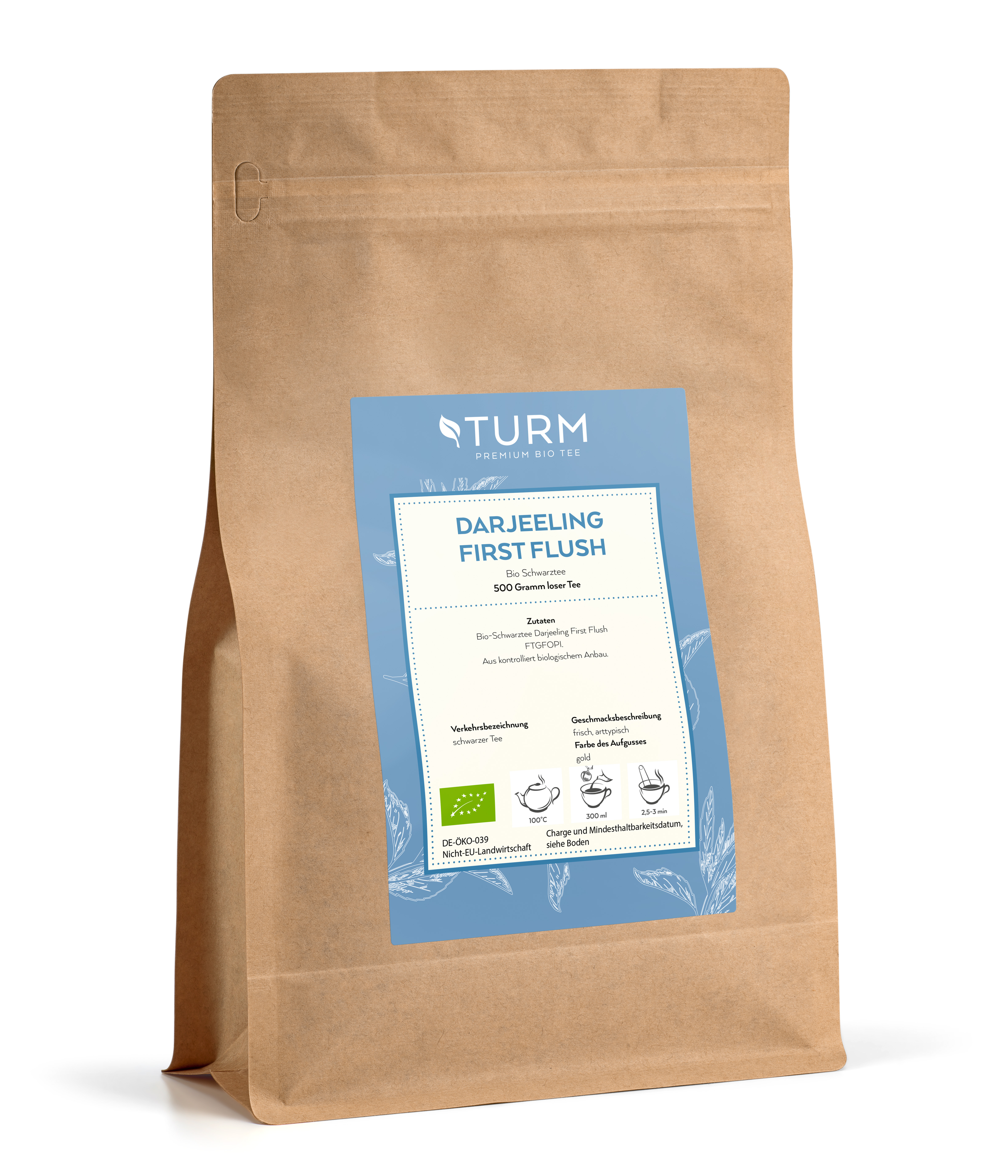 Bio Darjeeling Schwarztee 500 g Darjeeling zählt als Champagner unter den Tees. Auf über 2’000 m ü. M. wachsen ausgewählte Teebüsche, von denen nur die 2 jüngsten Blätter und die Blattknospe geerntet werden. Die Erntezeiten werden in sogenannte „Flushs“ kategorisiert, wobei in diesem Fall der First Flush verwendet wird, also die erste Ernteperiode des Jahres. Dieser First Flush Tee überzeugt durch eine klare, blumige Note mit leicht grasigen Nuancen.