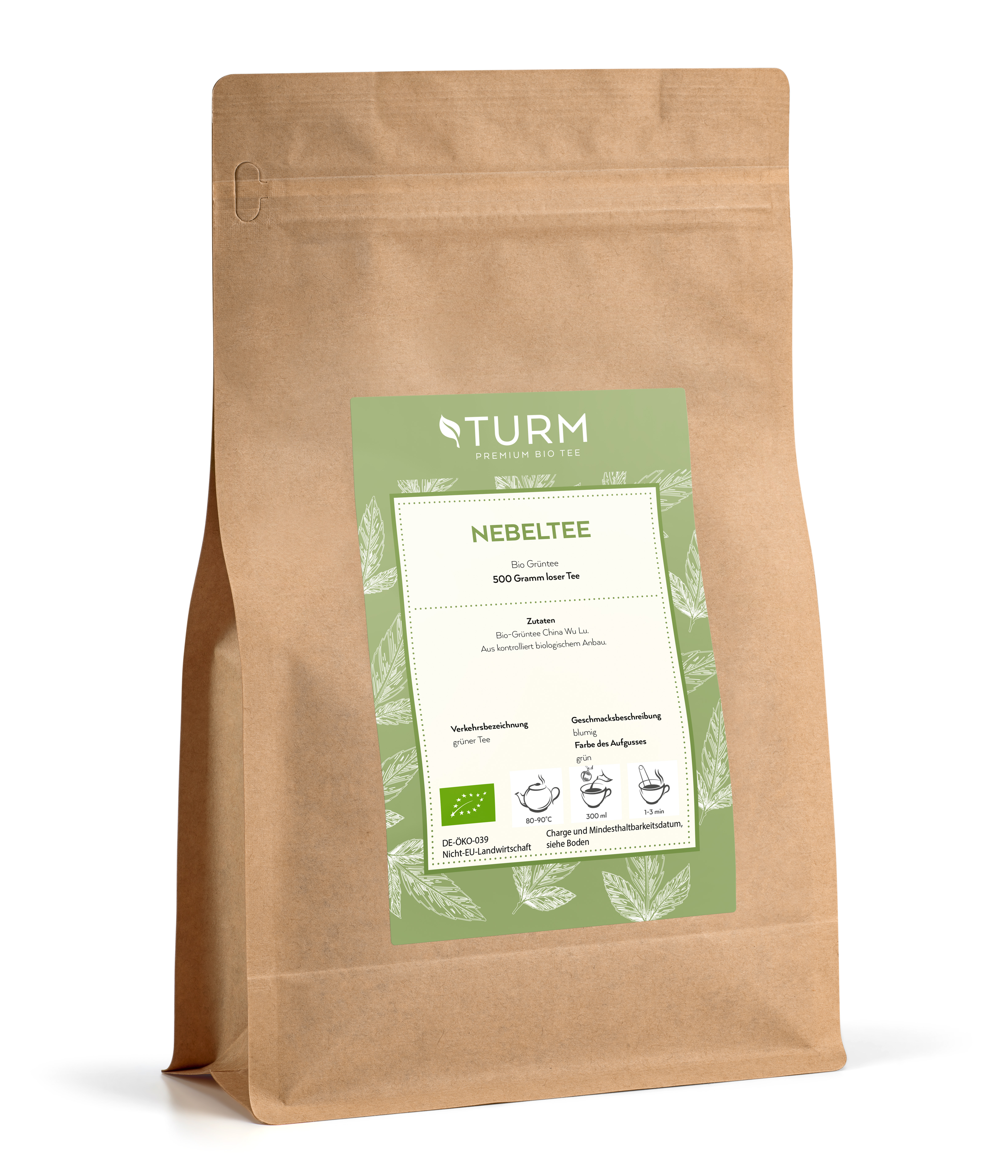 Bio Nebeltee Grüntee 500 g Nebeltee, wie der Name schon verrät, kommt aus einer Region, die etwas tiefer am Fuss der Berge liegt. Durch den kühlen, nassen Tau, der sich morgens auf den Büschen niederlässt, erhalten die Pflanzen perfekte Bedingungen, um schonend ohne zusätzliche Bewässerung zu wachsen. Diese Qualität kommt aus der Provinz Zhejiang und überzeugt durch eine frische, grüne, leicht vegetale Tasse. Den besonderen Charakter erhält der Tee durch den ersten Produktionsschritt „Steaming“. Die Blätter werden hierbei