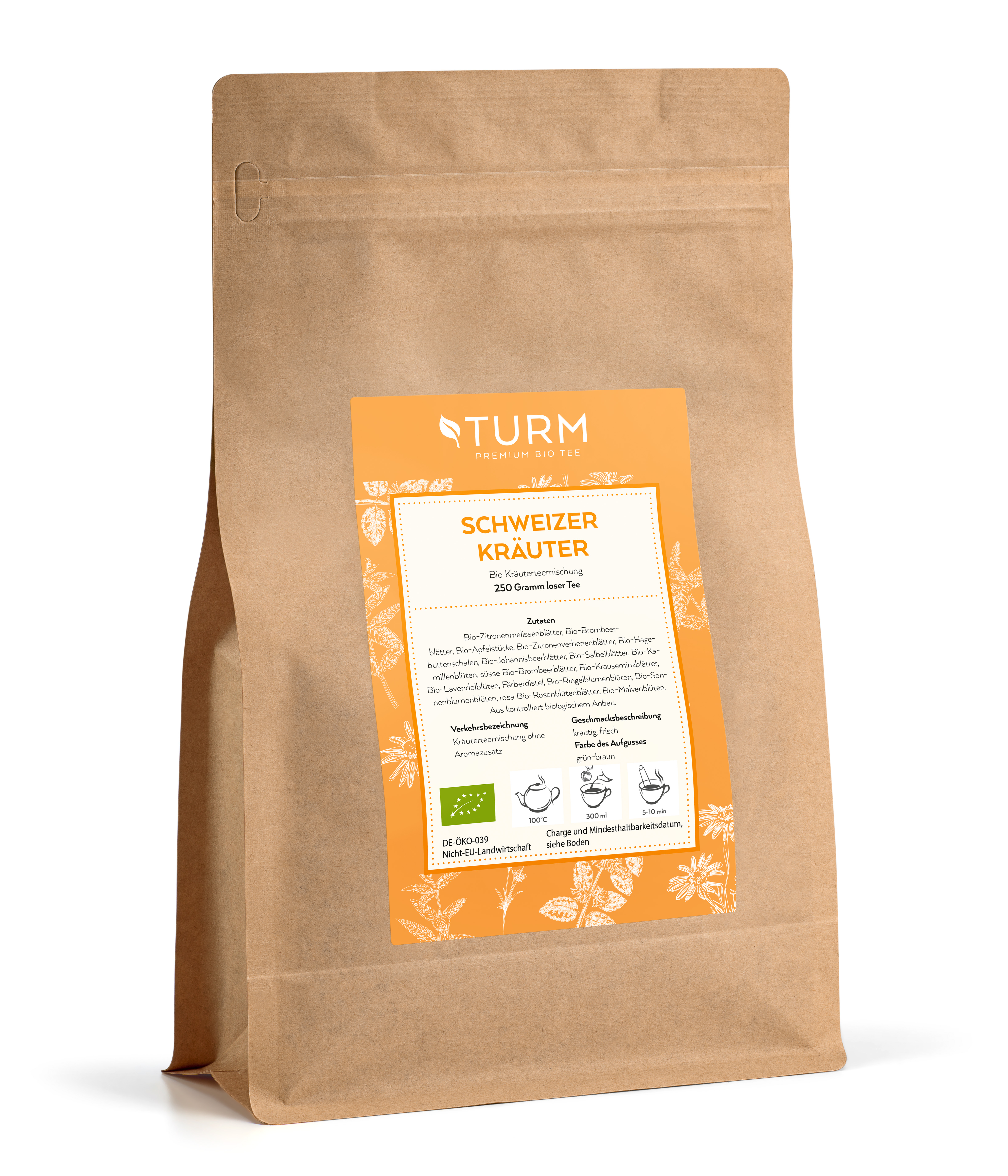 Bio Schweizer Kräuter 250 g Beutel Die wohl reinste Kräuterteemischung. Zitronenmelissenblätter, Brombeerblätter und Verbene bilden eine wohltuende Basis. Die verwendeten Hagebuttenschalen und Apfelstücke bilden eine balancierte Fruchtnote. Salbei und Krauseminze verleihen der Kräuterteemischung diese unglaubliche Tiefe und Geschmacksvielfalt.