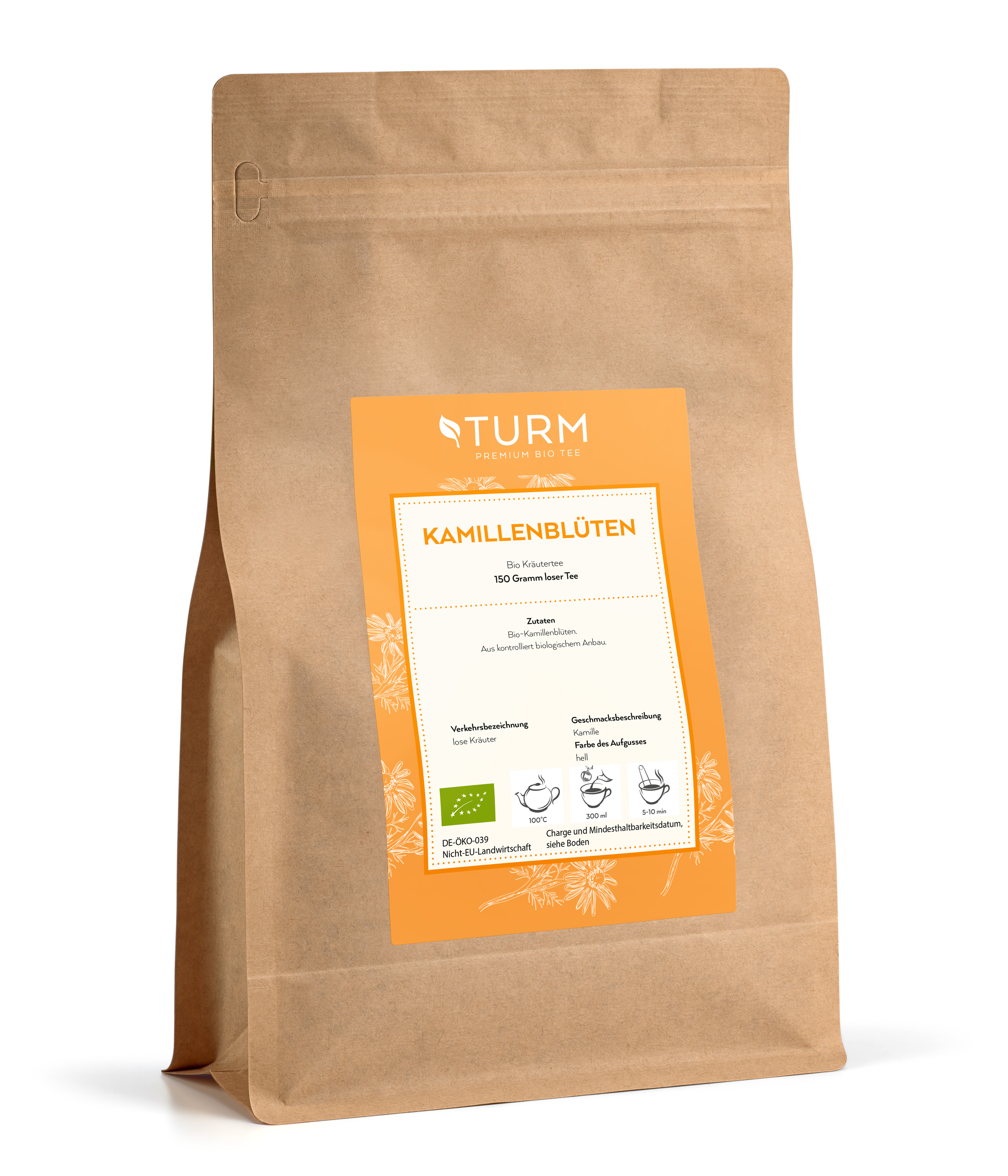 Bio Kamillenblüten Kräutertee 150 g Kamille ist viel mehr als das, was man mit dieser Pflanze verbindet. Diese Güteklasse der Kamille überzeugt durch das kräftige gelb der Blüte und einen kurzen Kelch. Diese Qualität findet man ausschliesslich in ausgewählten Teilen Kroatiens. Die Tasse ist leuchtend orange und schmeckt süss, leicht karamellig und besitzt Anklänge von Honig.